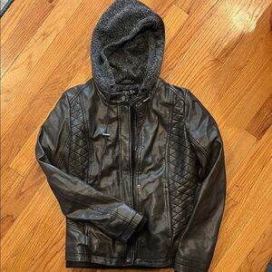 Women’s Black Faux Leather Jacket with Hood